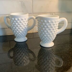 Vintage FENTON Slim Cream & Open Sugar Bowl Set White HOBNAIL Glass